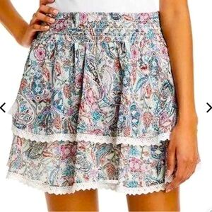 Aqua Tiered Lace Trimmed Multi Paisley Print Mini Skirt